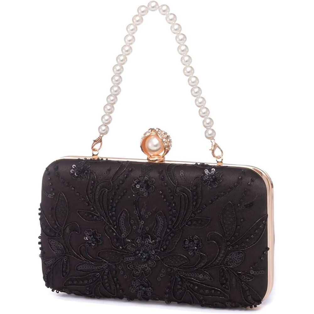 ⚡ Women's Evening Sequins Beaded Decent Designed Embroidery Black Clutch Handbag